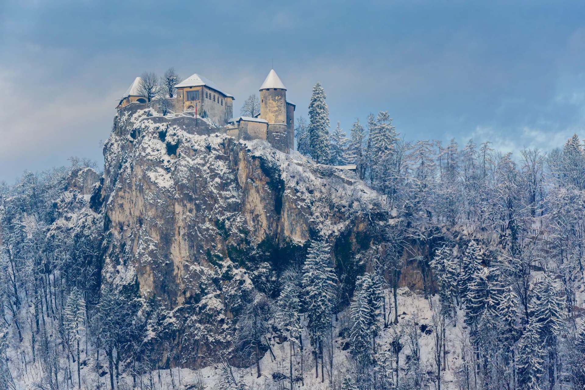 Bled Castle on a snow-covered cliff overlooking a winter forest under a cloudy sky.