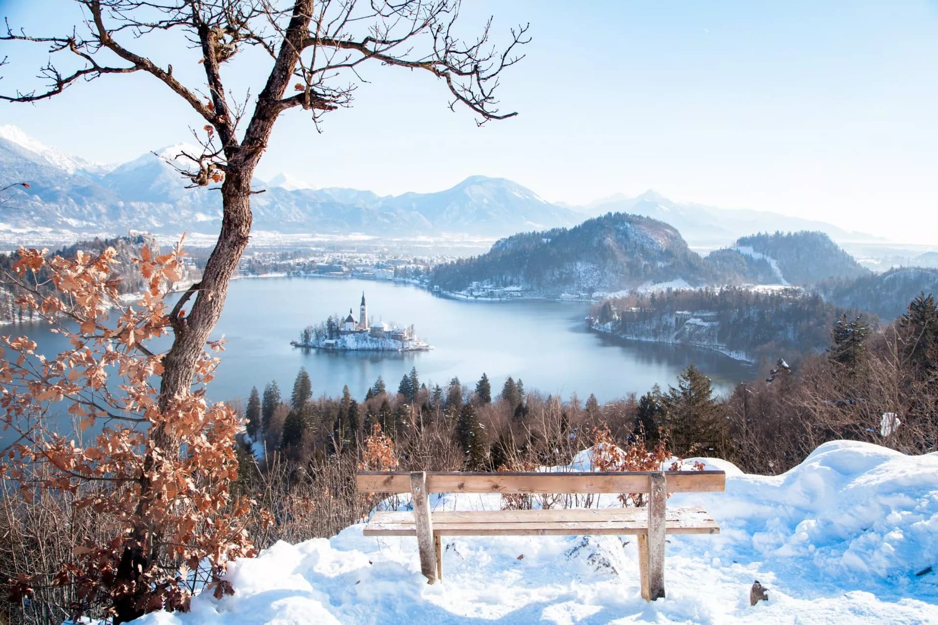 Wooden bench overlooking Lake Bled island church and snow-covered mountains in winter.