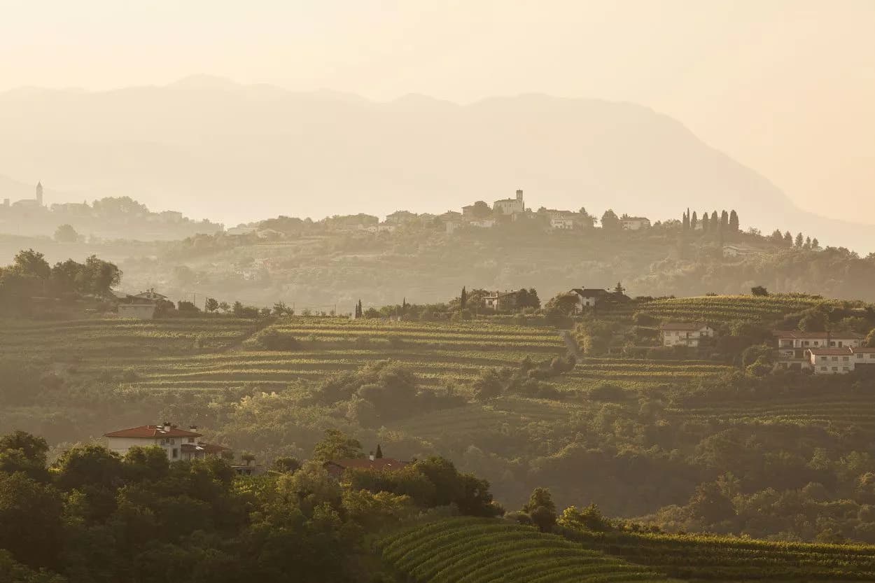 Terraced vineyards and hillside villages in Goriska Brda at sunset with hazy mountains in background.