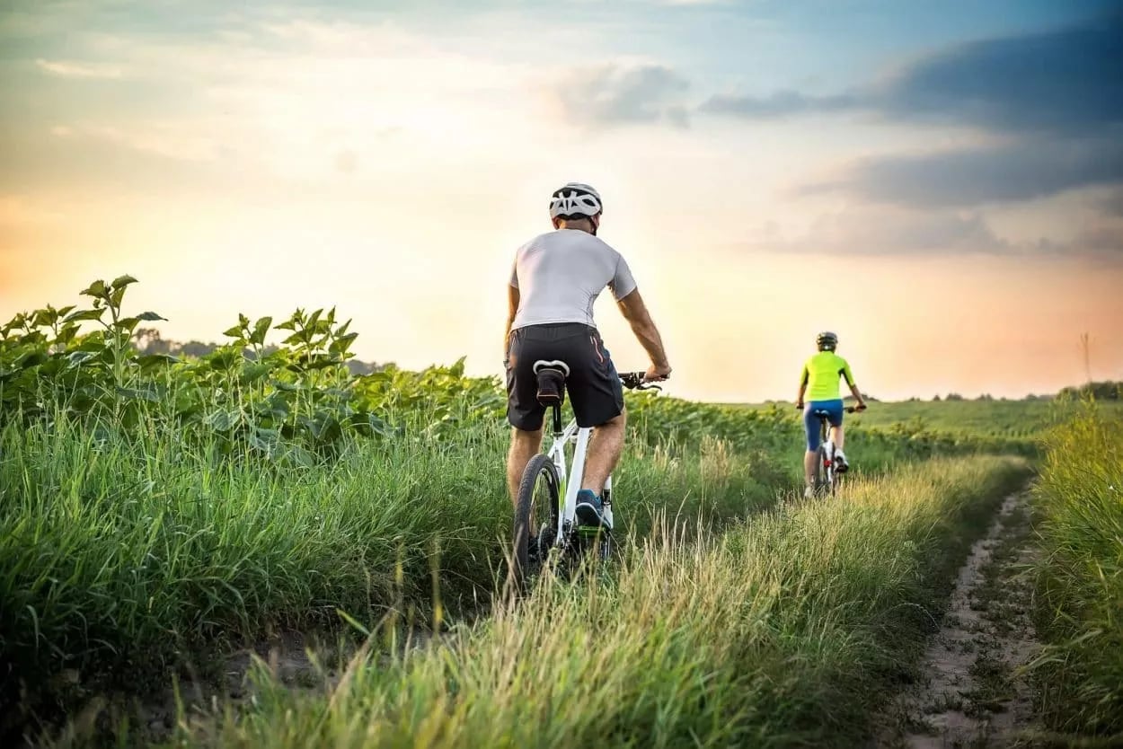 Mountain biking on a dirt path through tall green fields at sunset
