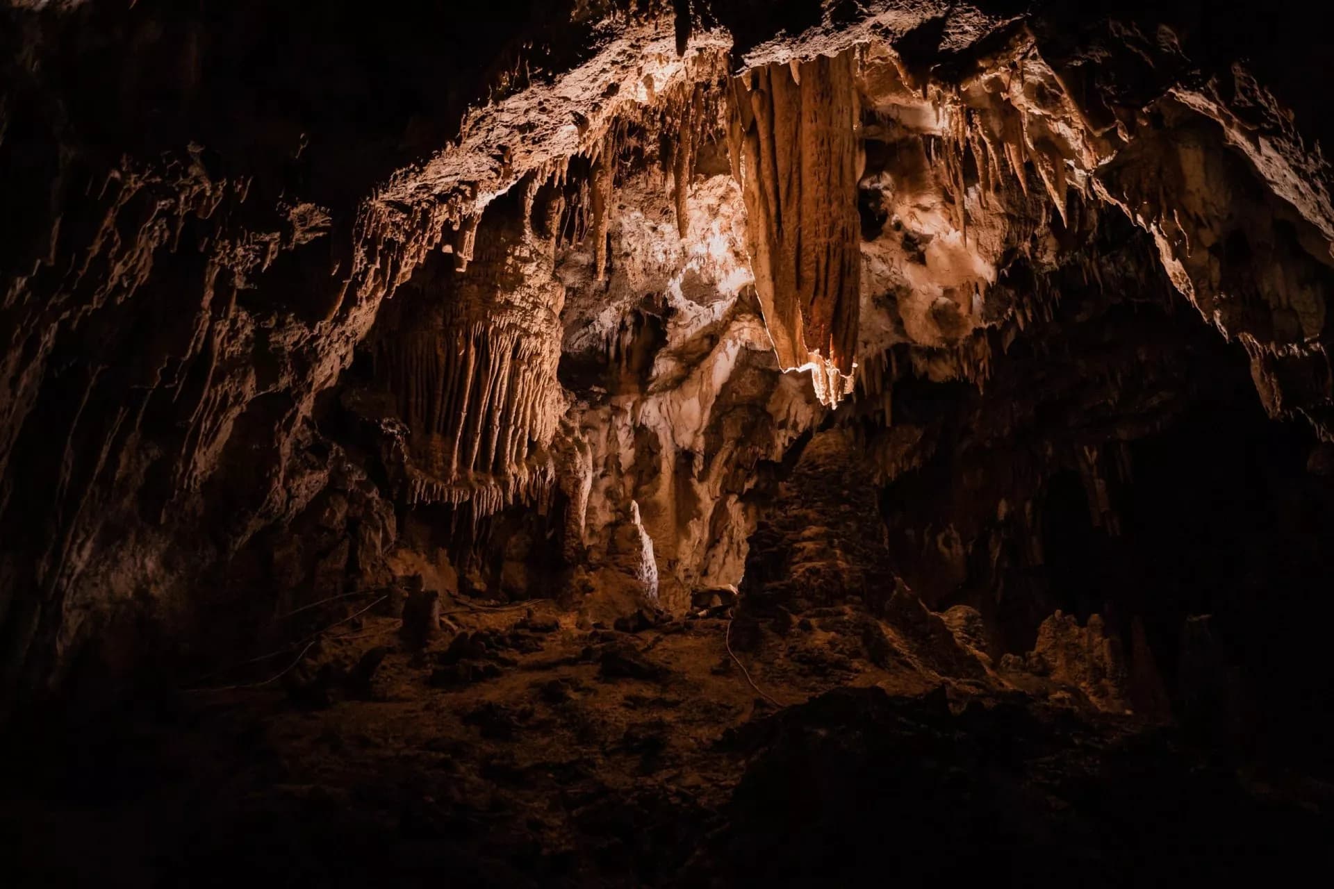 Illuminated stalactites and rock formations inside a dark cave, Caving Bled.