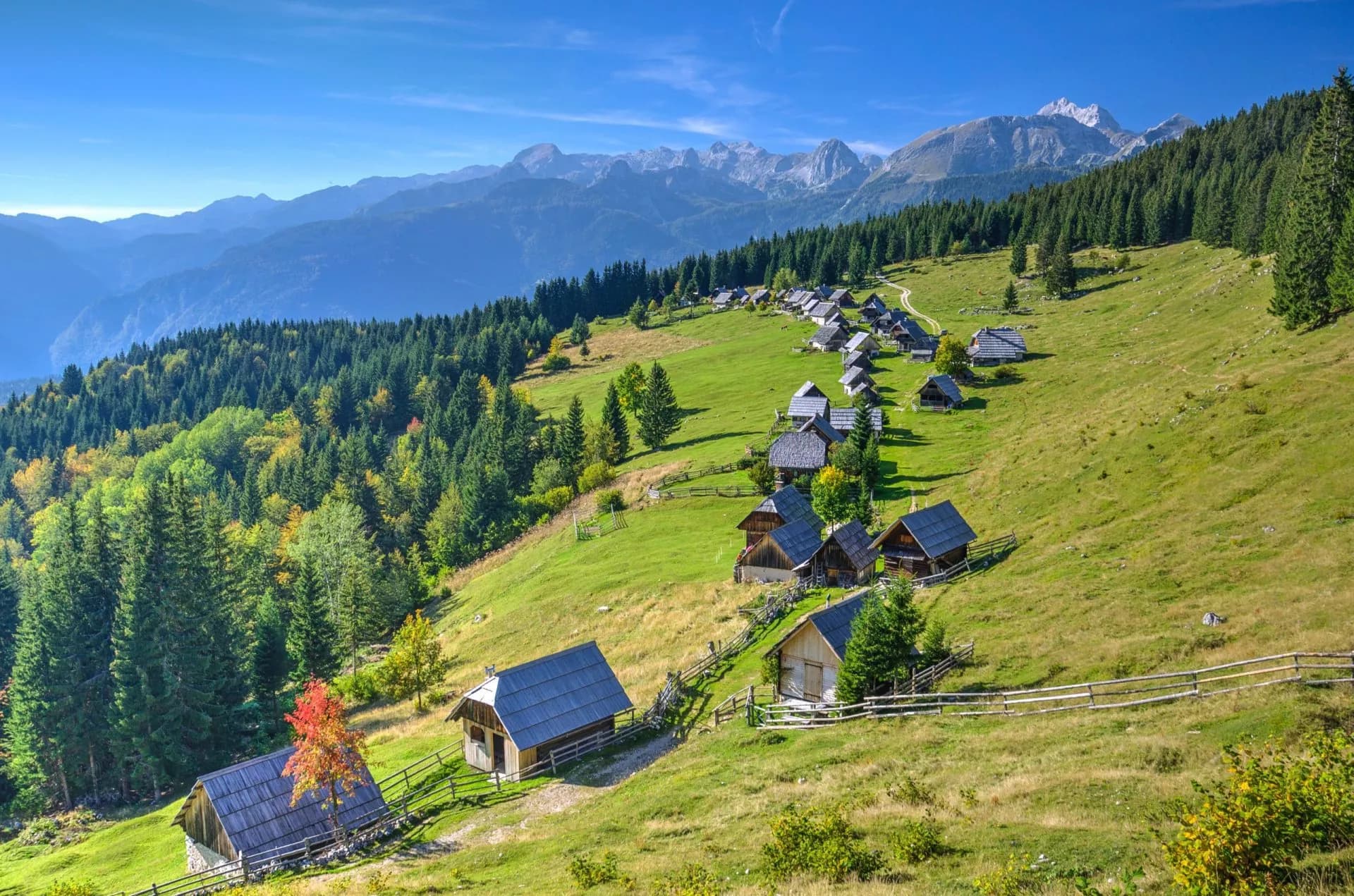 Alpine village with wooden huts on green hillside below rugged mountains under blue sky.