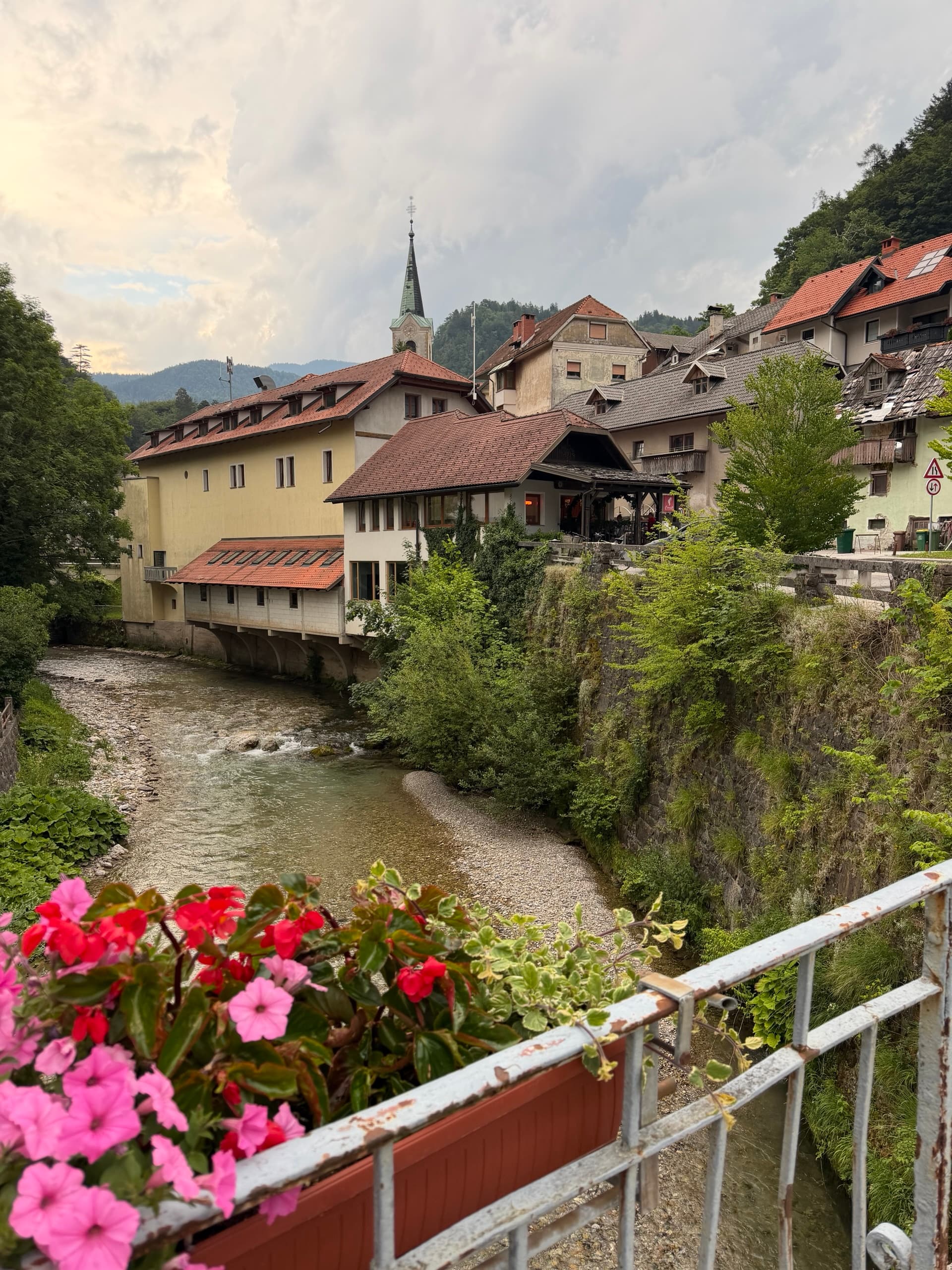 Village by a river with flowers and red-roofed buildings in a European town