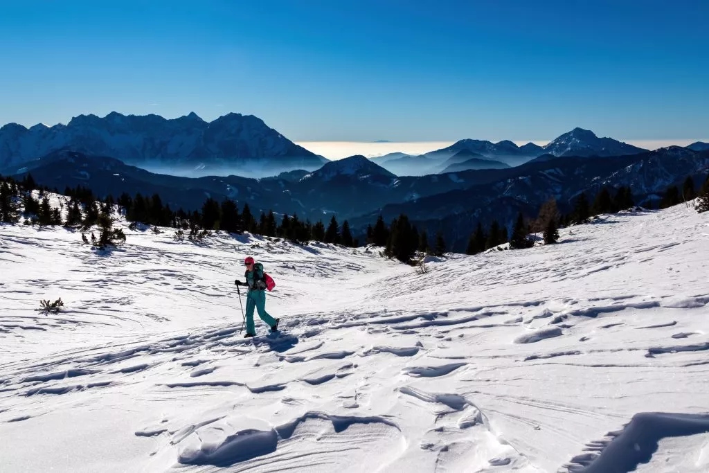 Snow shoeing in the mountains